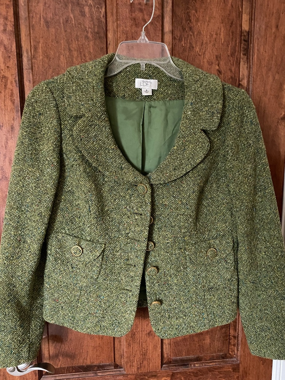 Ann Taylor LOFT Green Tweed Button-Front Blazer